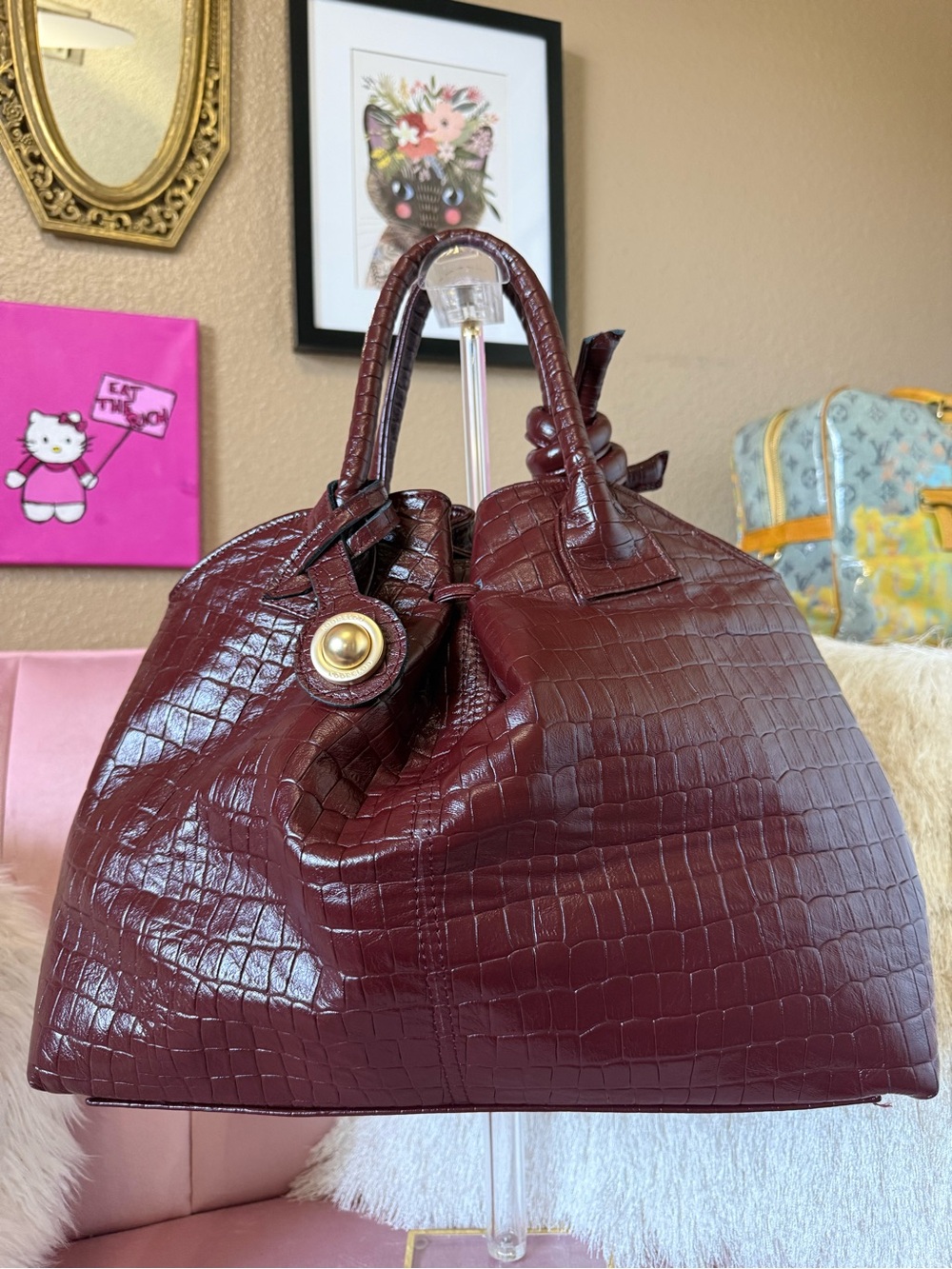AUTH KOORELOO Burgundy Croc-Embossed Leather Satchel Bag w Knot Detail. Handmade